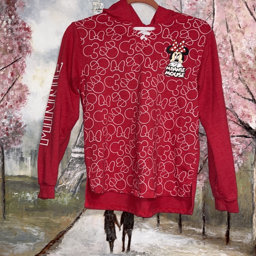 Disney Minnie Mouse All Over Graphic Print Bows Pullover Hoodie Girl XL14/16 EUC